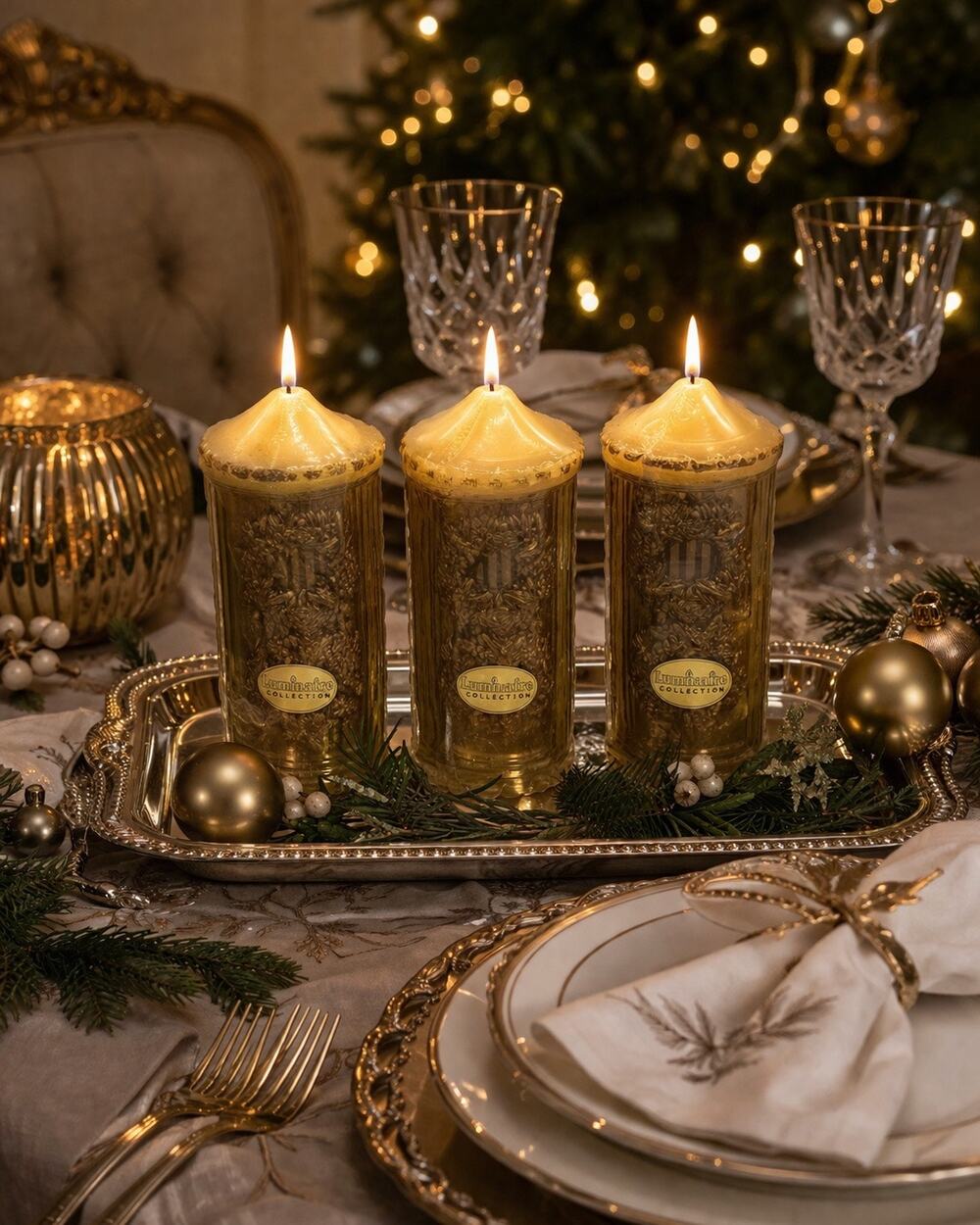 NOS Christmas Candle Wax Pillar gold Vintage Carved wreath Luminaire 9" Lot